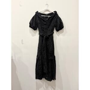Padova Eyelet Puff Sleeve Off Shoulder Maxi Dress with Belt Black Women's Size S